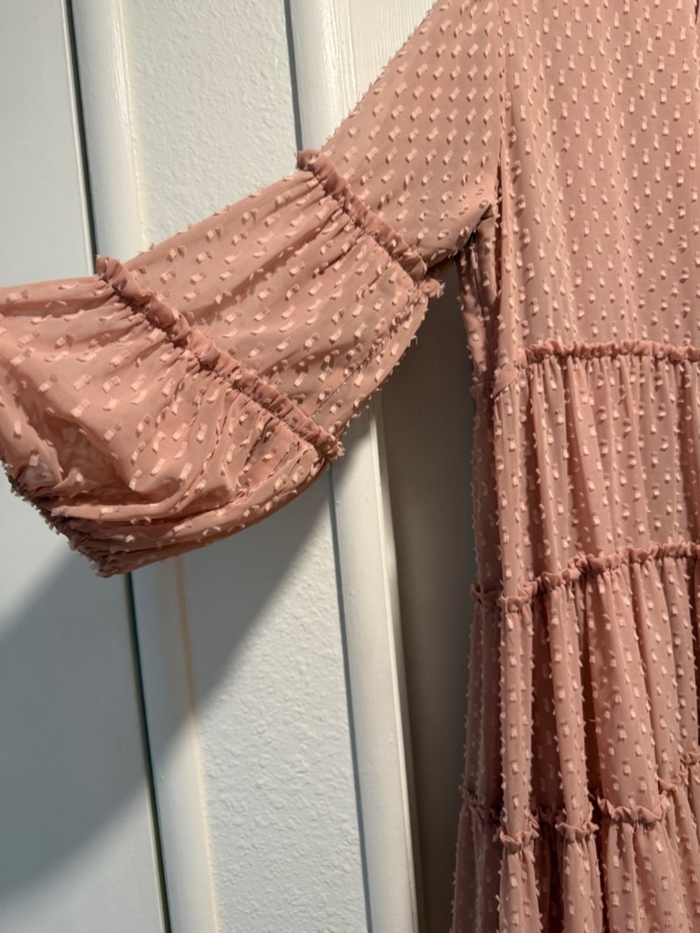 Dainty Jewell’s Blush Pink Tiered Swiss Dot Midi Dress - Picture 3 of 4